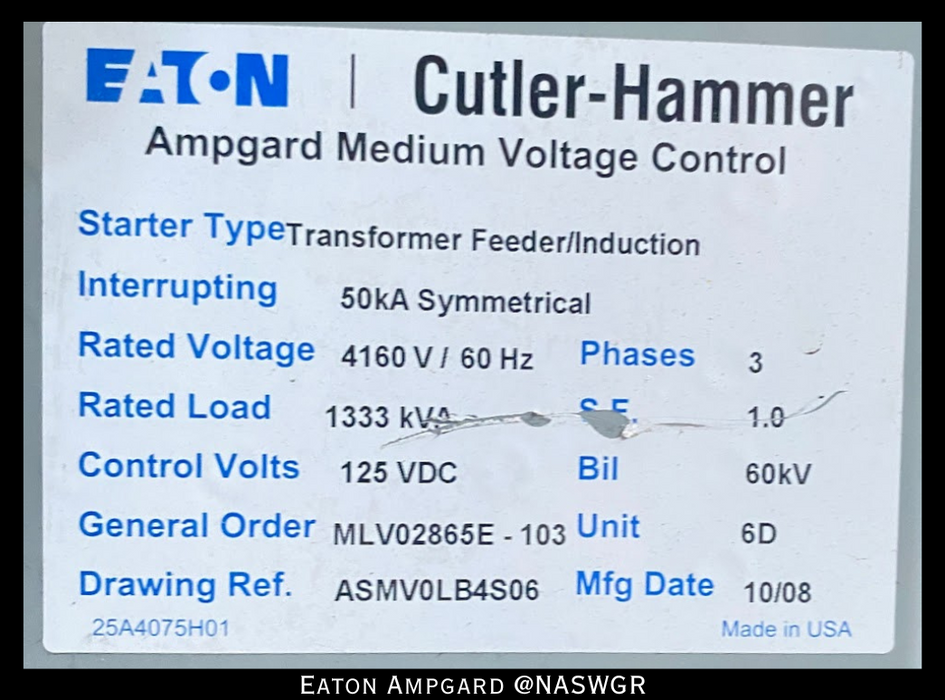 Eaton / Cutler Hammer Ampgard Medium Voltage Control Cell Section- 1333kVA/4160V