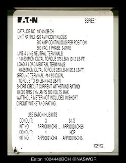 Eaton 1004440BCH Meter Socket - 200A/600V/1P3W/N3R - Unused