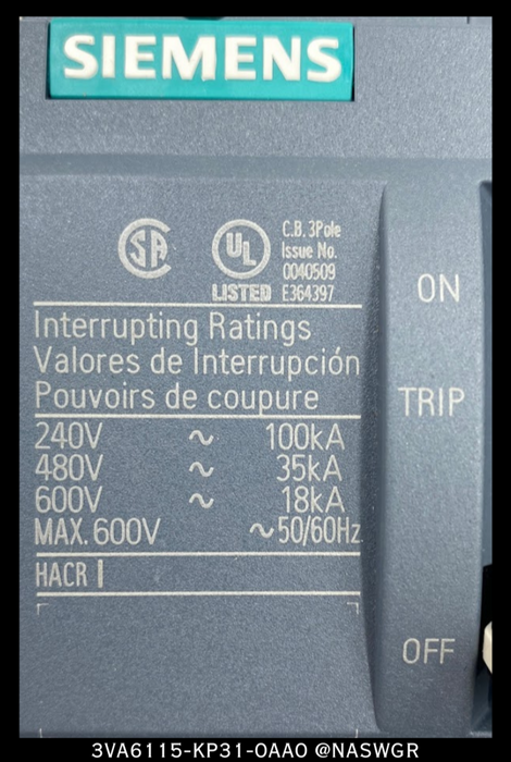 Siemens 3VA6115-5KP31-0AA0 Molded Case Circuit Breaker - 150 Amp - Unused