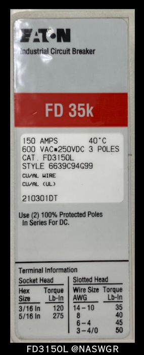 Eaton FD3150L Molded Case Circuit Breaker - 150 Amp - Unused