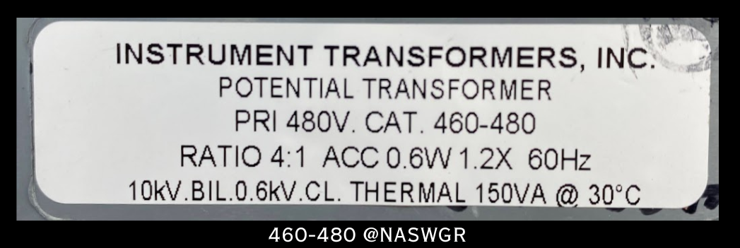 Instrument Transformer Inc. 460-480 Potential Transformer Ratio: 4:1/ 480V