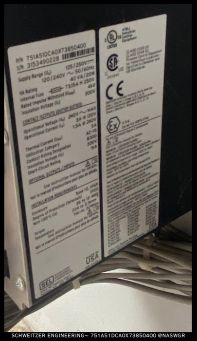 Schweitzer Engineering Laboratories SEL-751A Feeder Protection Relay - 751A51DCA0X73850400