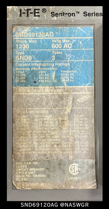 Siemens SND69120AG Molded Case Circuit Breaker - 1200 Amp - Tested/1 Year Warranty