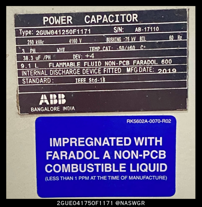 ABB 2GUE041750F1171  3 Phase Power Capacitor Bank - 4160V/250kVAr