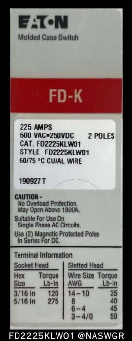 Eaton FD2225KLW01 Molded Case Switch - 225 Amp - Unused