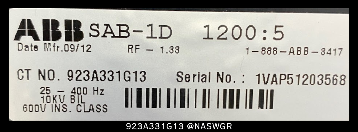 ABB SAB-1D Current Transformer 923A331G13 - 1200:5A