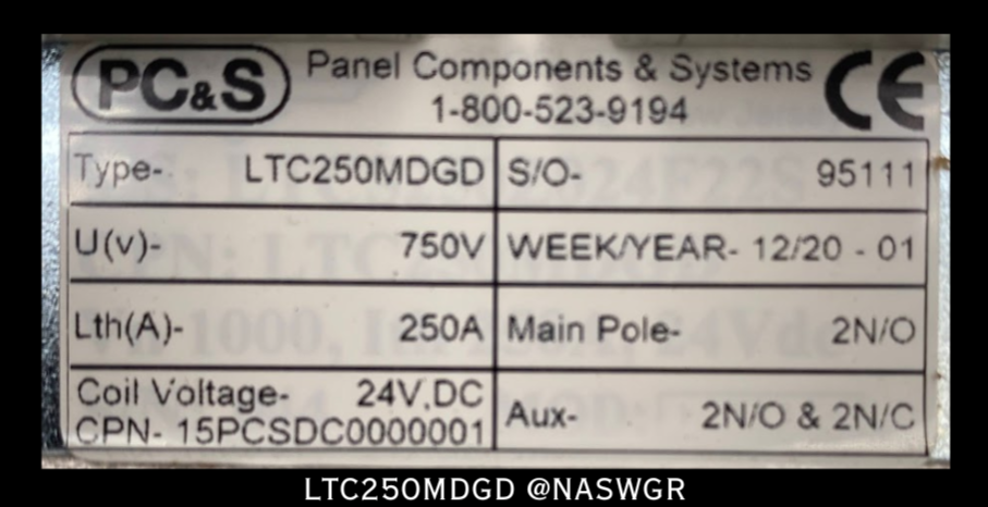 PC&S LTC250MDDG Contactor - 250A/750V - Unused