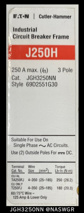 Eaton JGH3250NN Industrial Circuit Breaker Frame - 250 Amp