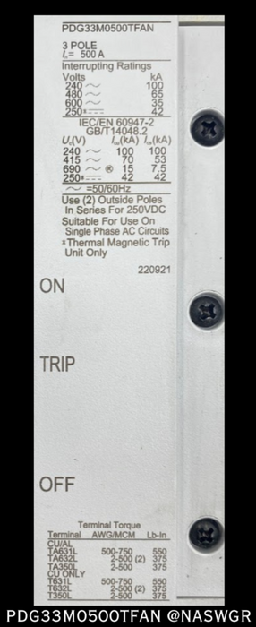 Eaton PDG33M0500TFAN Molded Case Circuit Breaker - 500 Amp