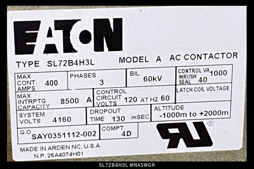 Eaton SL72B4H3L Model A AC Contactor - 400 Amp