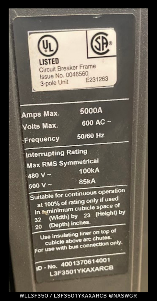 Siemens WL WLL3F350 Circuit Breaker (E/O,B/I) 5000 Amp — North
