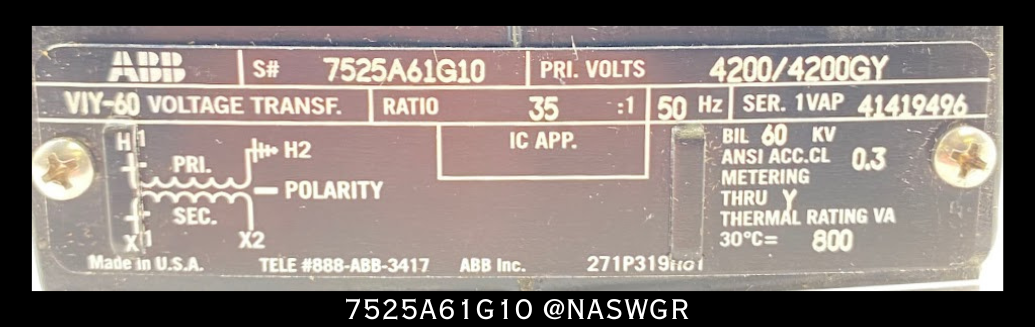 ABB VIY-60, 7525A61G10 Voltage Transformer - 35:1 Ratio/ 50Hz - Unused