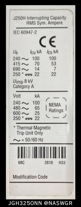 Eaton JGH3250NN Industrial Circuit Breaker Frame - 250 Amp