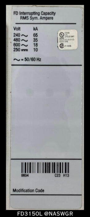 Eaton FD3150L Molded Case Circuit Breaker - 150 Amp - Unused