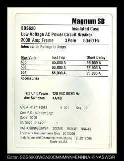Eaton Magnum SB SBS6203W Breaker (M/O,D/O) - 2000 Amp - Unused