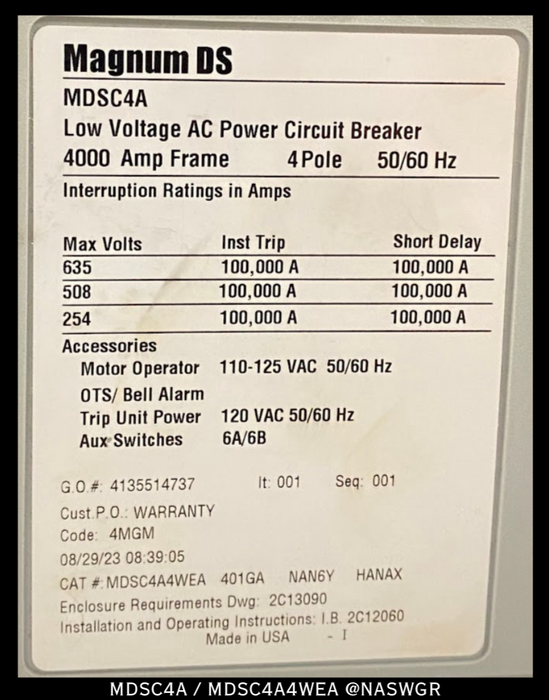 Eaton Magnum DS MDSC4A Breaker (E/O,D/O) - 4000 Amp - *Incomplete Breaker*