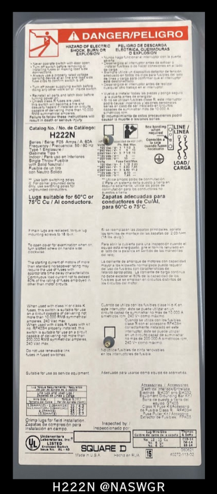 Square D H222N Heavy Duty Safety Switch - 60A/240VAC/N1R