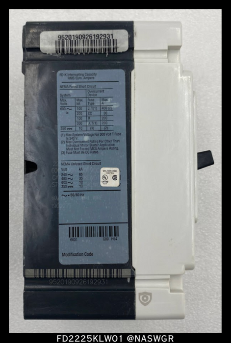 Eaton FD2225KLW01 Molded Case Switch - 225 Amp - Unused