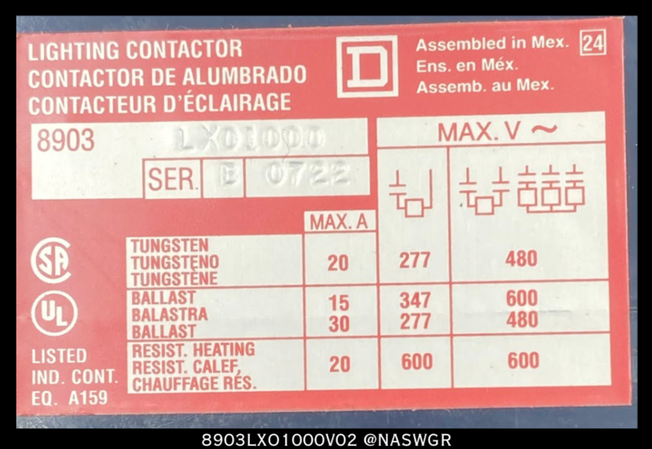 Square D 8903LXO1000V02 Lighting Contactor - 30 Amp, 120vAC-  Unused