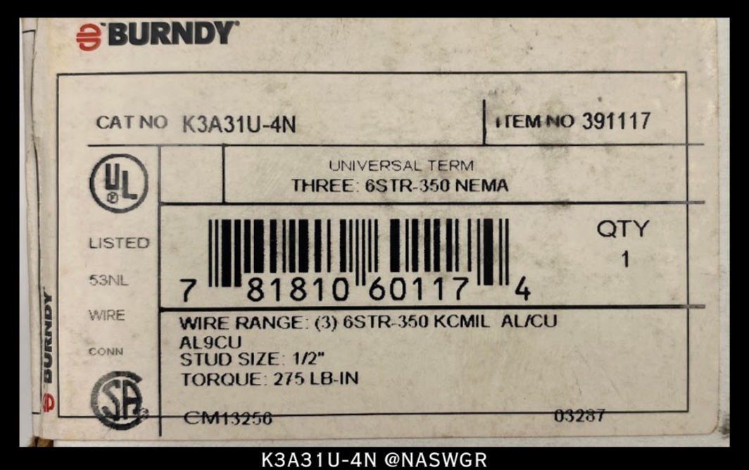 Burndy K3A31U-4N Lug - Unused