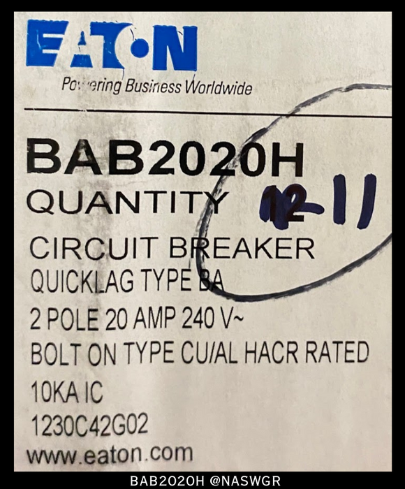 Eaton BAB2020H Molded Case Circuit Breaker ~ 20 Amp - Unused Surplus