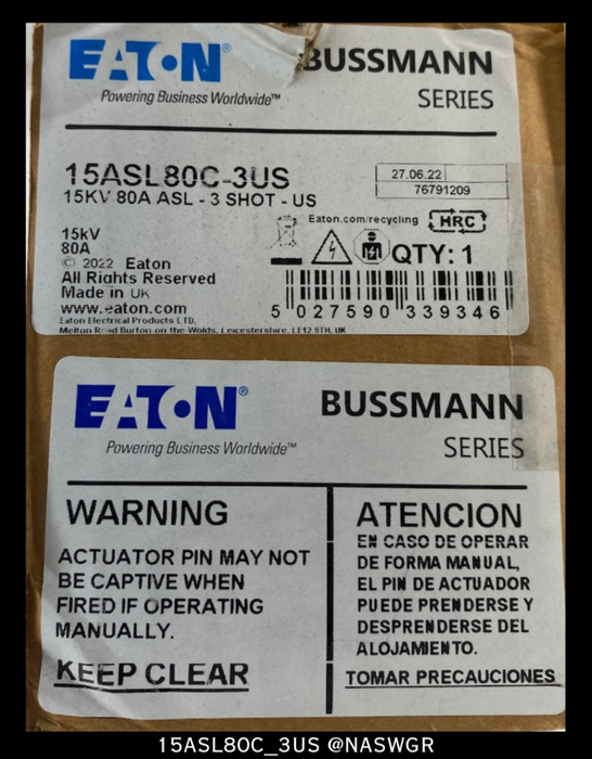 Eaton 15ASL80C_3US Specialty Fuse - 80Amp/15KV