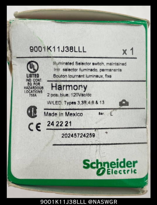 Schneider Electric 9001K11J38LLL Illuminated Selector Switch - Unused