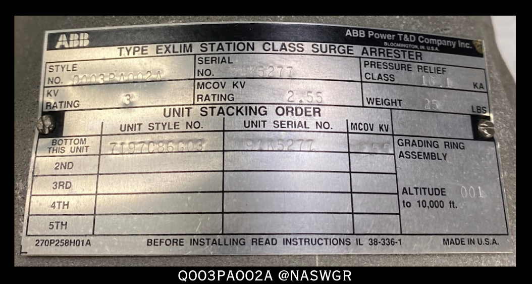 ABB EXLIM STATION CLASS SURGE ARRESTER Q003PA002A