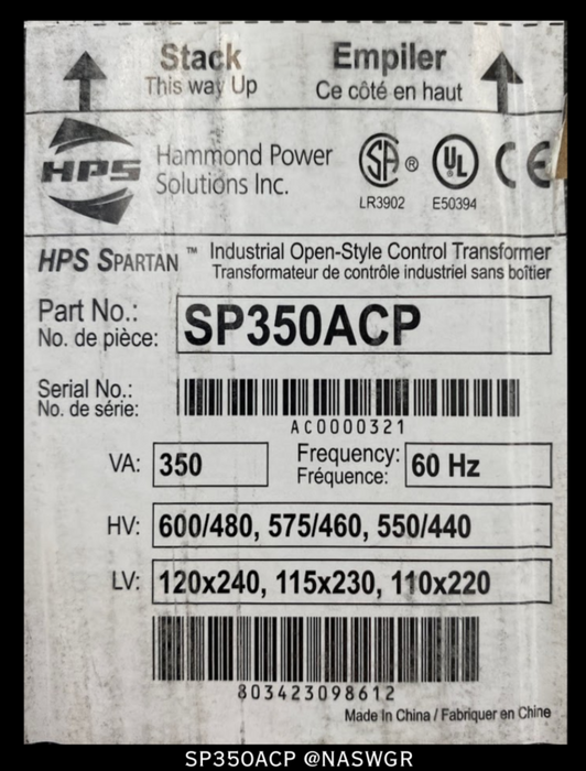 HPS Spartan SP350ACP Industrial Control Transformer - 350VA
