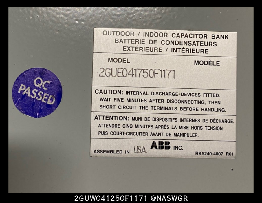 ABB 2GUE041750F1171  3 Phase Power Capacitor Bank - 4160V/250kVAr