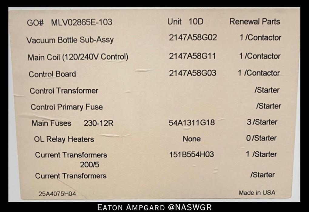 Eaton / Cutler Hammer Ampgard Medium Voltage Control Cell Section- 1250HP/4160V