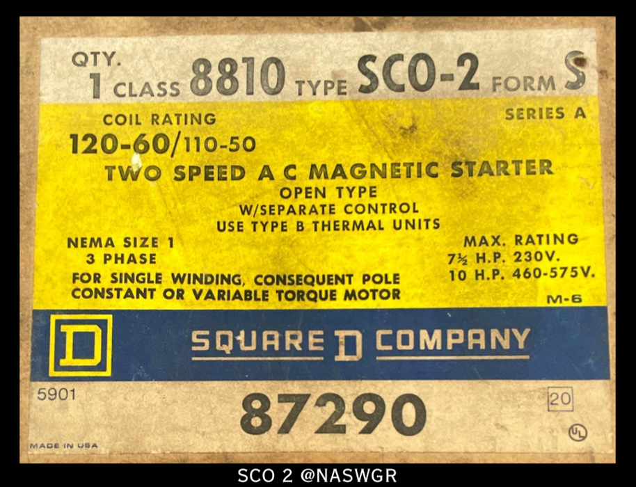 Square D 8810SCO2V02 Two Speed AC Magnetic Starter - 27 Amp/120vAC Coil
