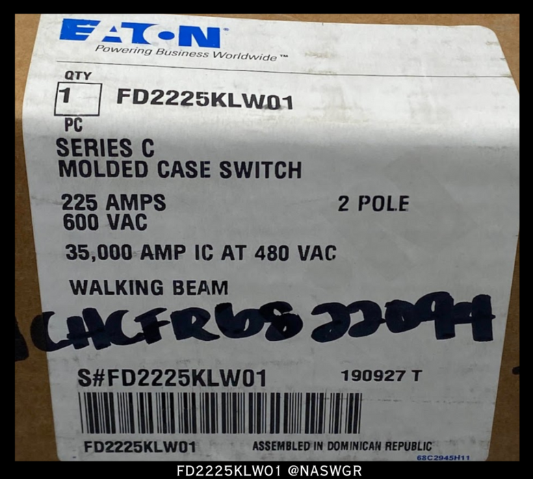 Eaton FD2225KLW01 Molded Case Switch - 225 Amp - Unused