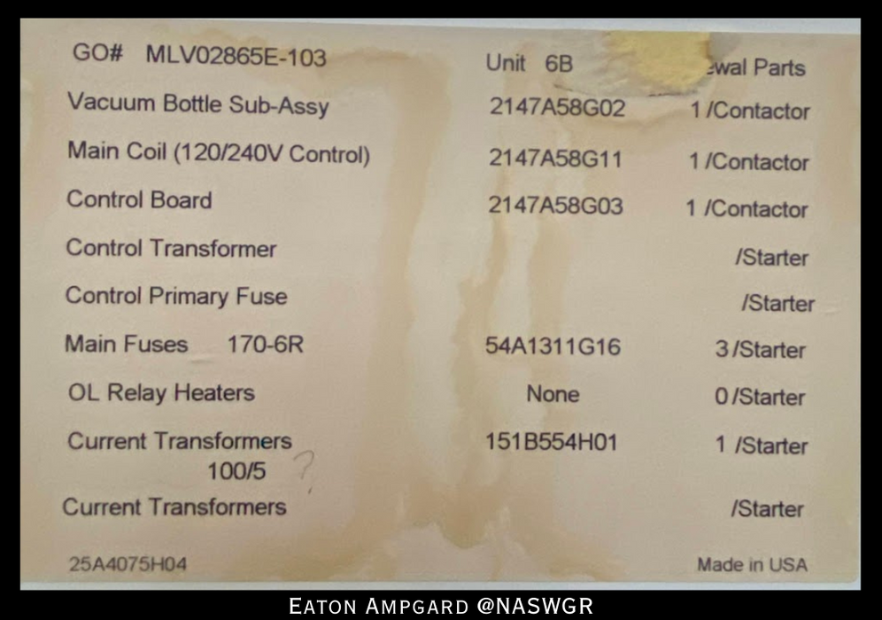 Eaton / Cutler Hammer Ampgard Medium Voltage Control Cell Section- 600HP/4160V