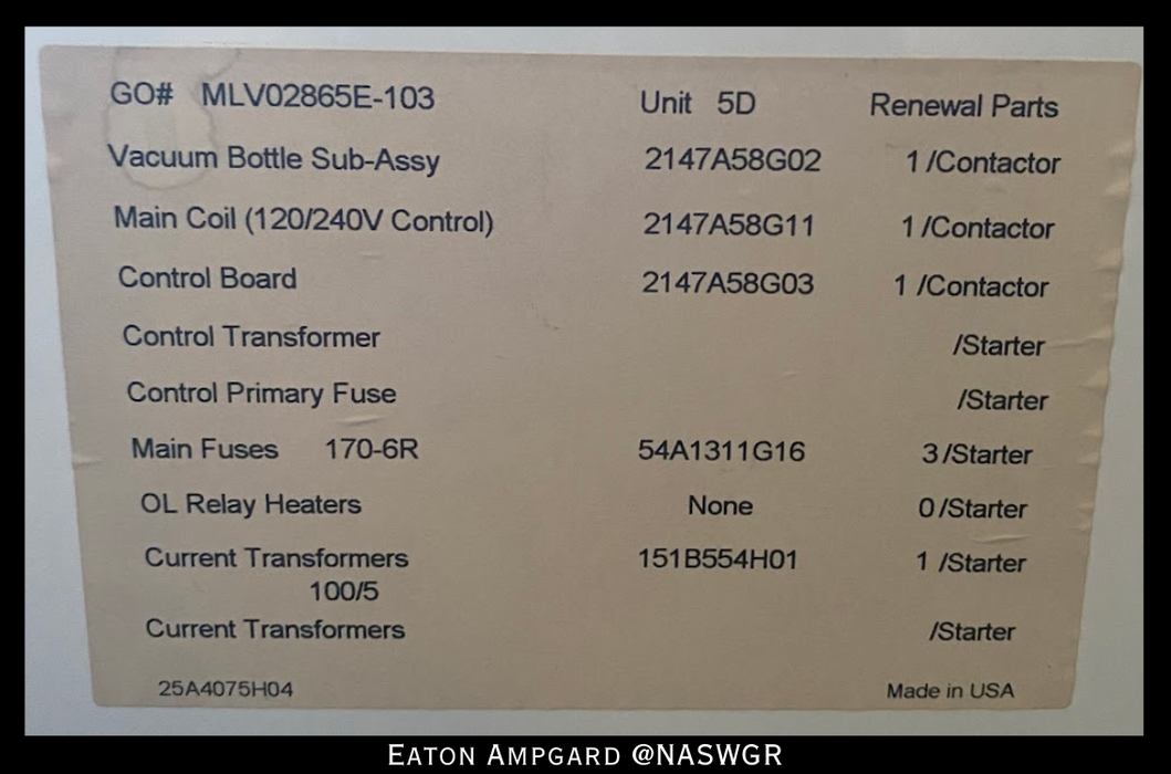 Eaton / Cutler Hammer Ampgard Medium Voltage Control Cell Section- 600HP/4160V