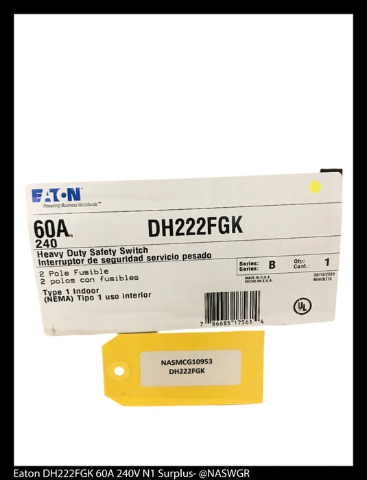 Eaton DH222FGK Heavy Duty Safety Switch - 60A/240V/2P/N1 - Unused