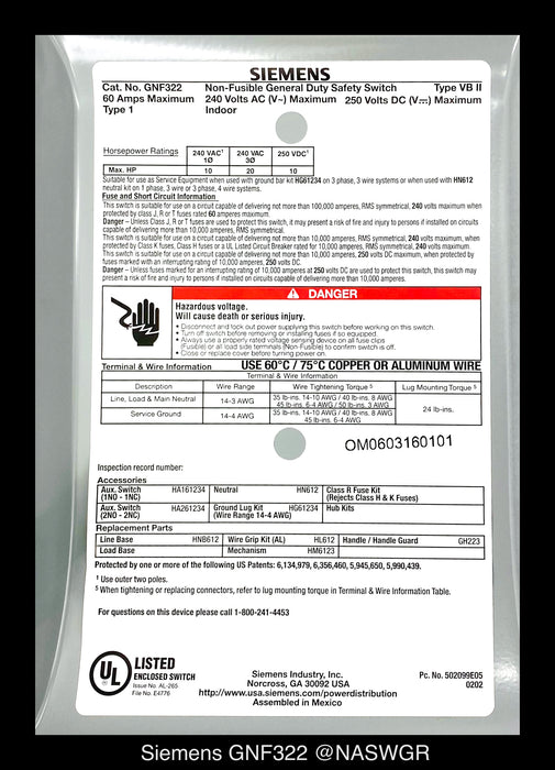 Siemens GNF322 General Duty Safety Switch - 60A/240V/3P/N1 - Unused