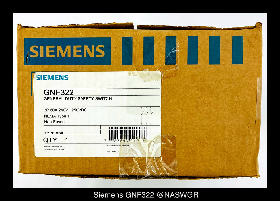 Siemens GNF322 General Duty Safety Switch - 60A/240V/3P/N1 - Unused