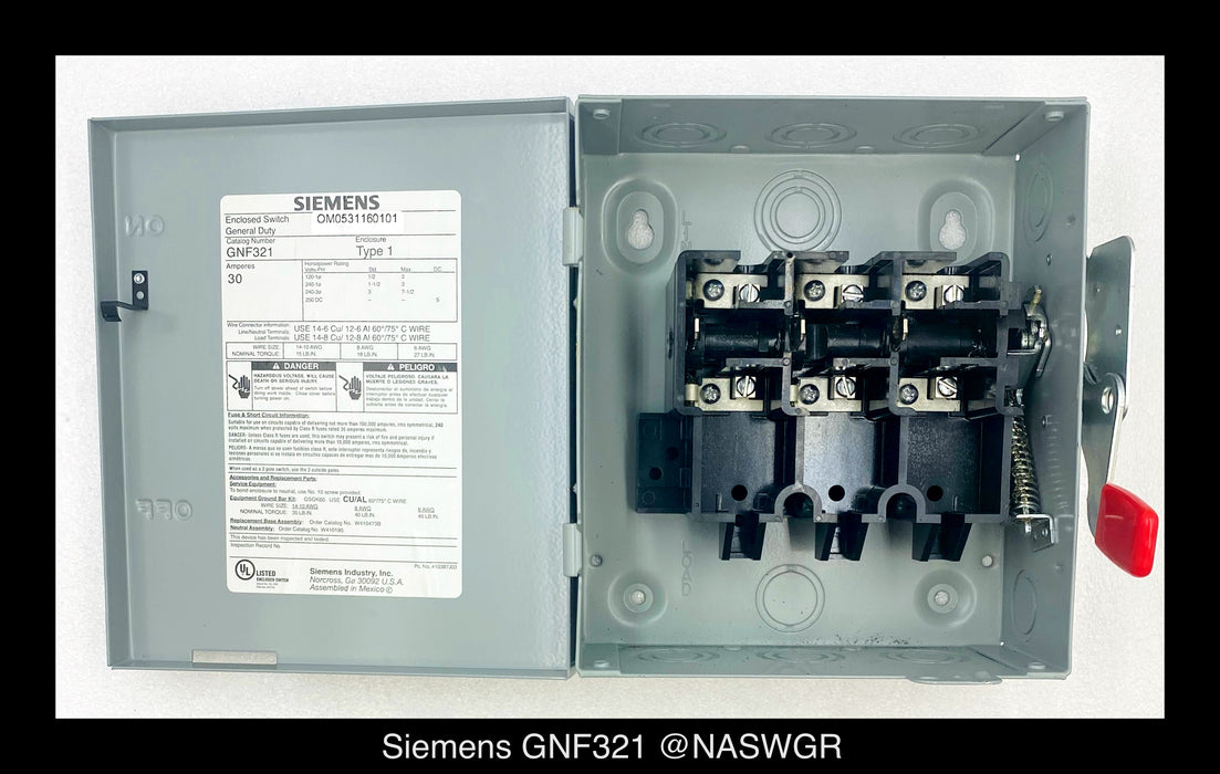 Siemens GNF321 General Duty Safety Switch - 30A/240V/3P/N1 - Unused