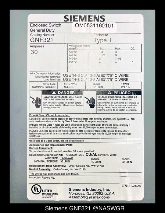 Siemens GNF321 General Duty Safety Switch - 30A/240V/3P/N1 - Unused