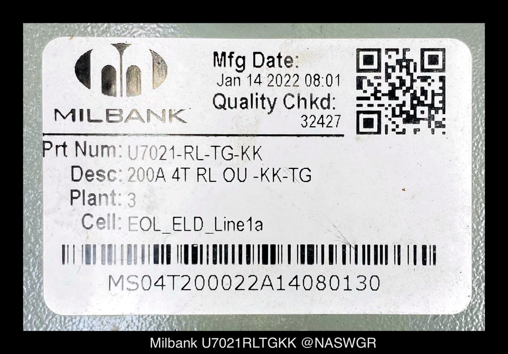 Milbank U7021RLTGKK Meter Socket - 200A/600V/1P3W/N3R - Unused