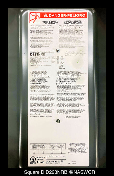 Square D D223NRB General Duty Safety Switch - 100A/240V/2P/N3R - Unused