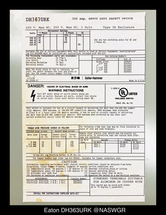 Eaton DH363URK Heavy Duty Safety Switch - 100A/600V/3P/N3R