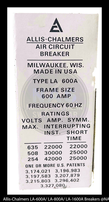 Allis-Chalmers LA-600A Air Circuit Breaker Electrically Operated
