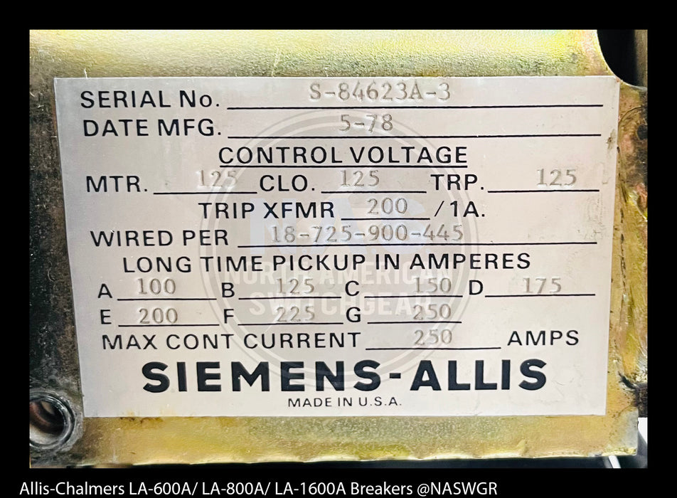 Allis-Chalmers LA-600A Air Circuit Breaker Electrically Operated