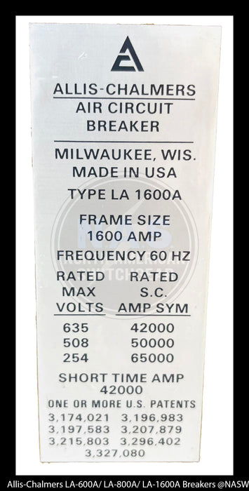 Allis-Chalmers LA-1600A Air Circuit Breaker Electrically Operated