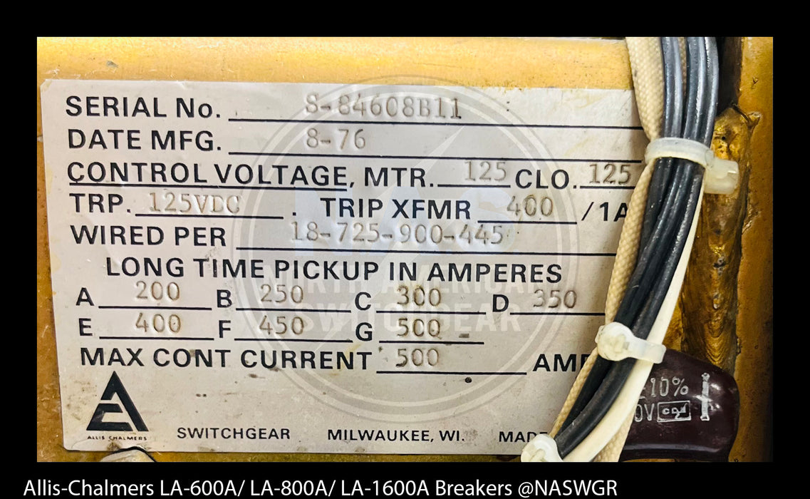 Allis-Chalmers LA-1600A Air Circuit Breaker Electrically Operated