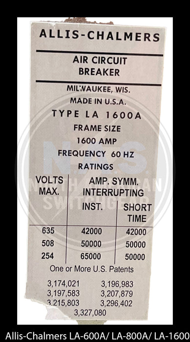 Allis-Chalmers LA-1600A Air Circuit Breaker Electrically Operated