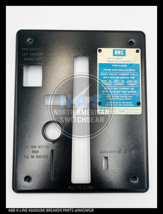 ABB K225, K600-K800, K1600, K2000, K600S/K800S (M), K1600S (M), K2000S (M), K-Don 600/800 (M), K-Don 1600,  K-Don 600S/800S (M), K-Don 1600S (M) Escutcheon Front Plate Assembly M.O. - Drawout - P/N: 708118K02