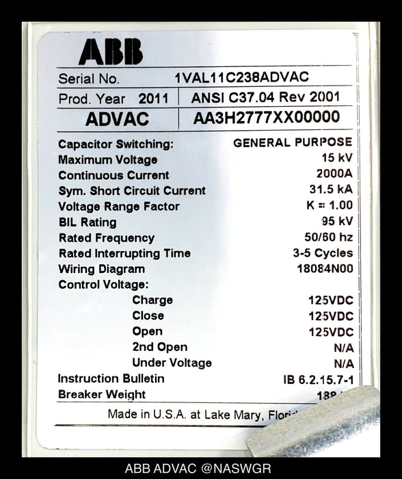 ABB ADVAC AA3H2777XX00000 Vacuum Breaker - 15kV, 2000 Amp - Unused